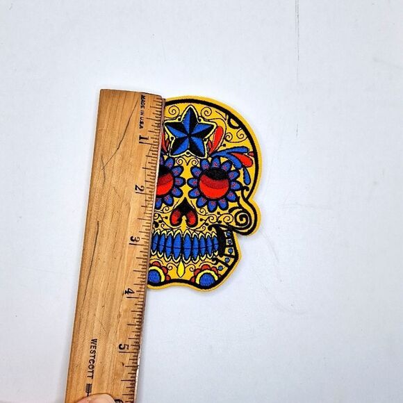 Orange-red and blue sugar skulls iron on patch dia de los muertos wearab… - Picture 3 of 3
